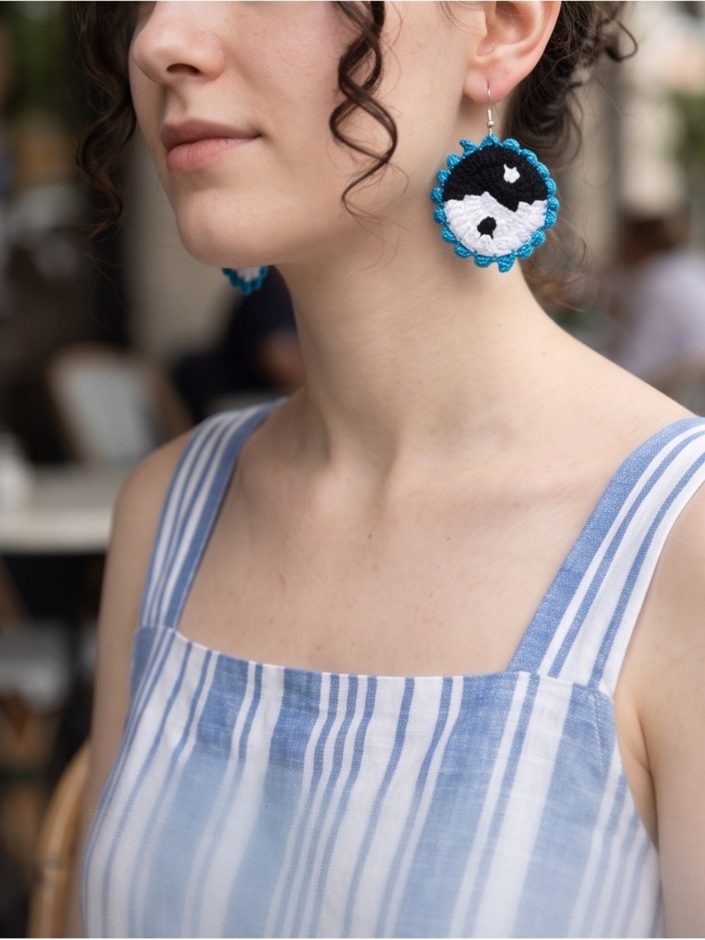 Handmade Kids Yin Yang Crochet Earrings in Black, White & Blue Trim